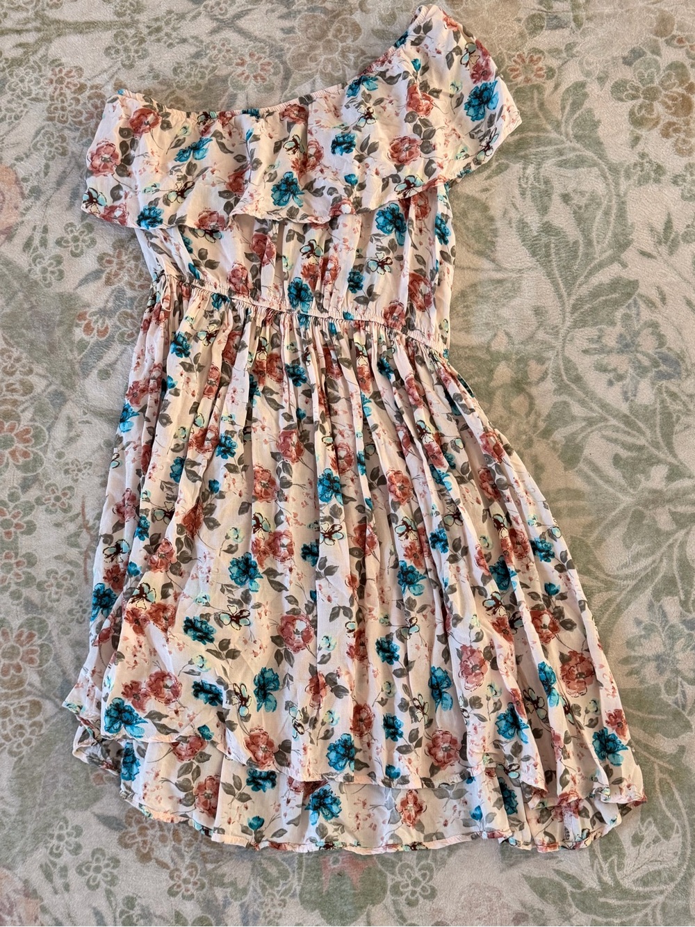Aggie One Shoulder Floral Ruffle Dress Size Small Pink Rayon Boho Cottagecore